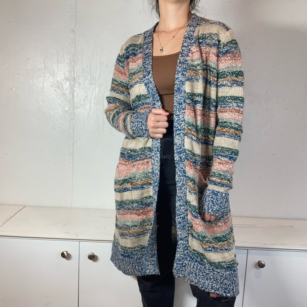 Knit Boho Striped Rag Rug Longline Cardigan Duster - Picture 4 of 9